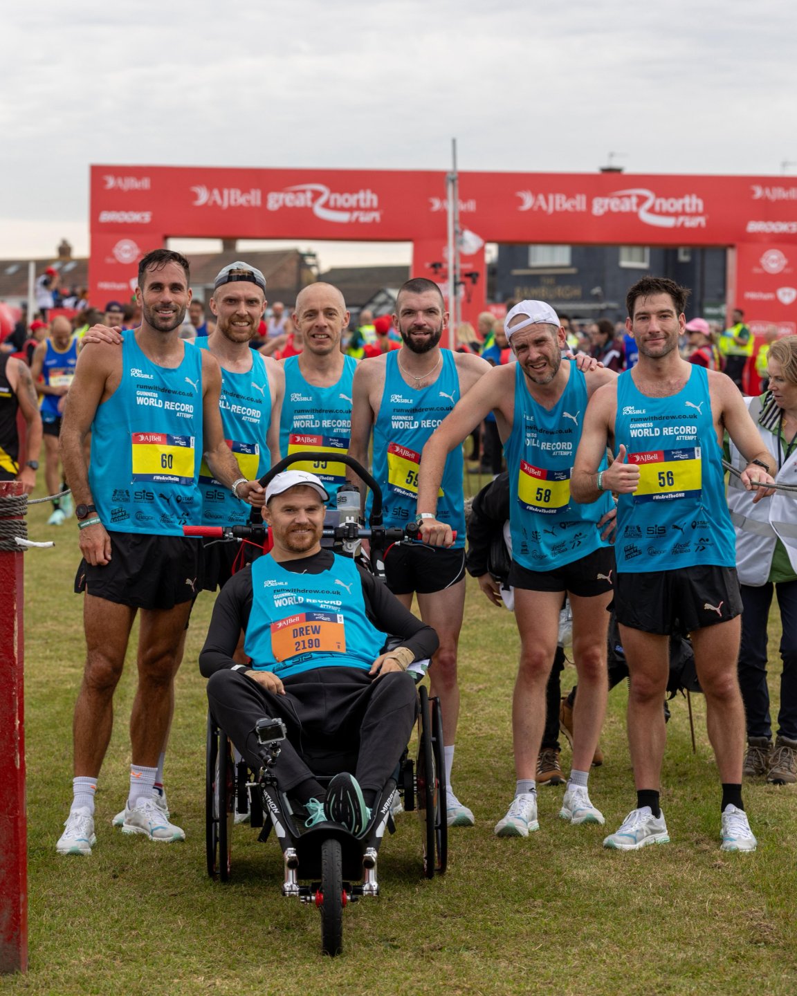 Run With Drew team at the finish line of the 2025 Great North Run, World Record